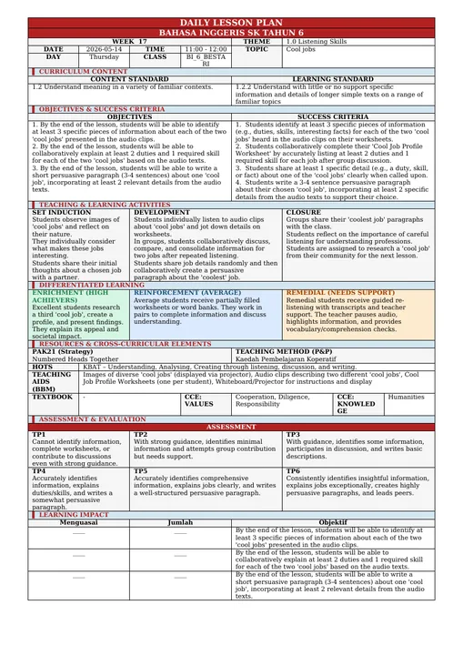 Contoh RPH Bahasa Inggeris Tahun 6