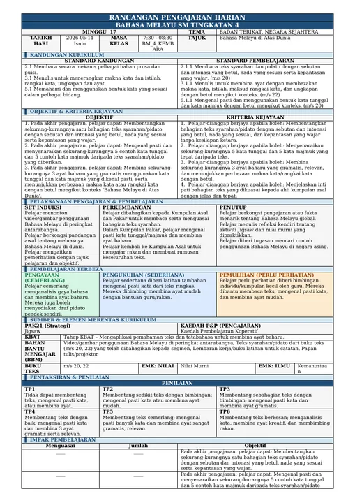 Contoh RPH Bahasa Melayu Tingkatan 4